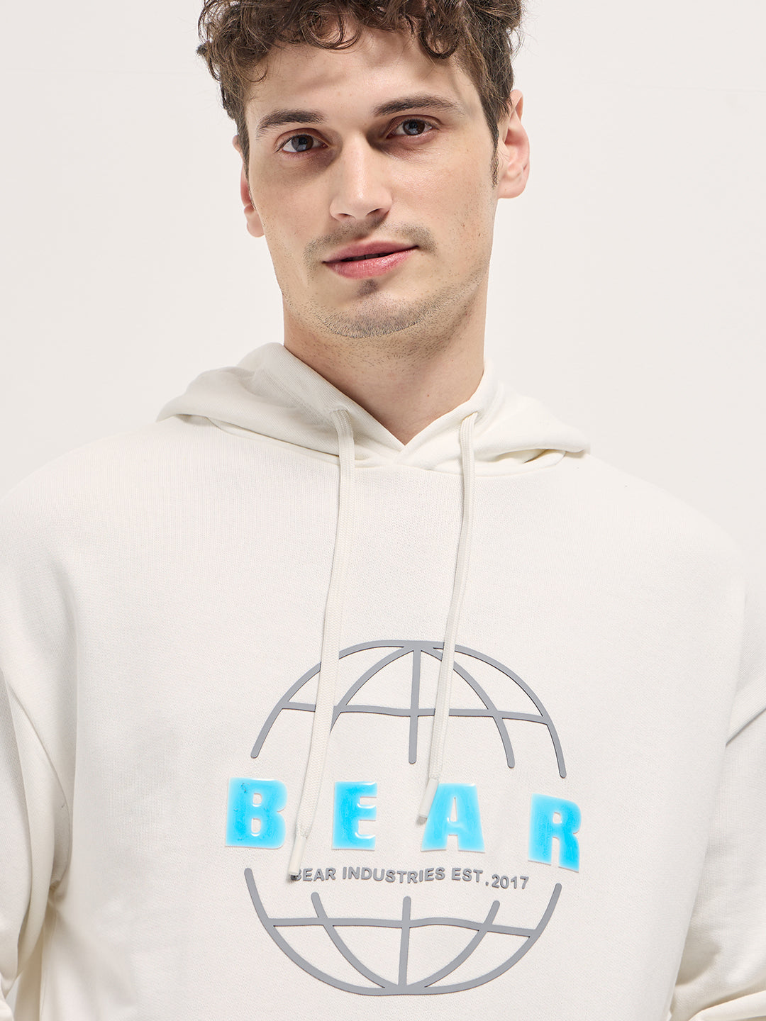 Men White Graphic globe illustration Design Relax Fit Hoodie
