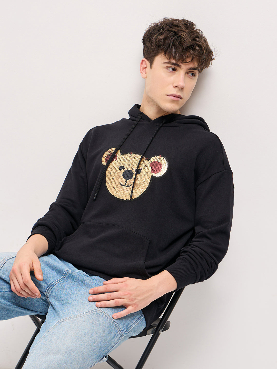 Men Black playful sequin bear face Relax Fit Hoodie