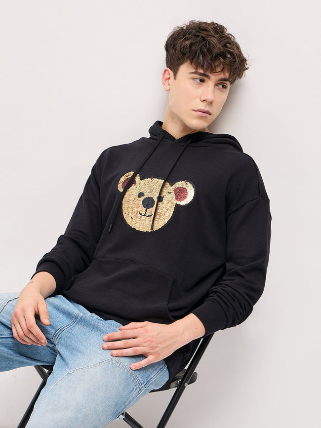 Men Black playful sequin bear face Relax Fit Hoodie
