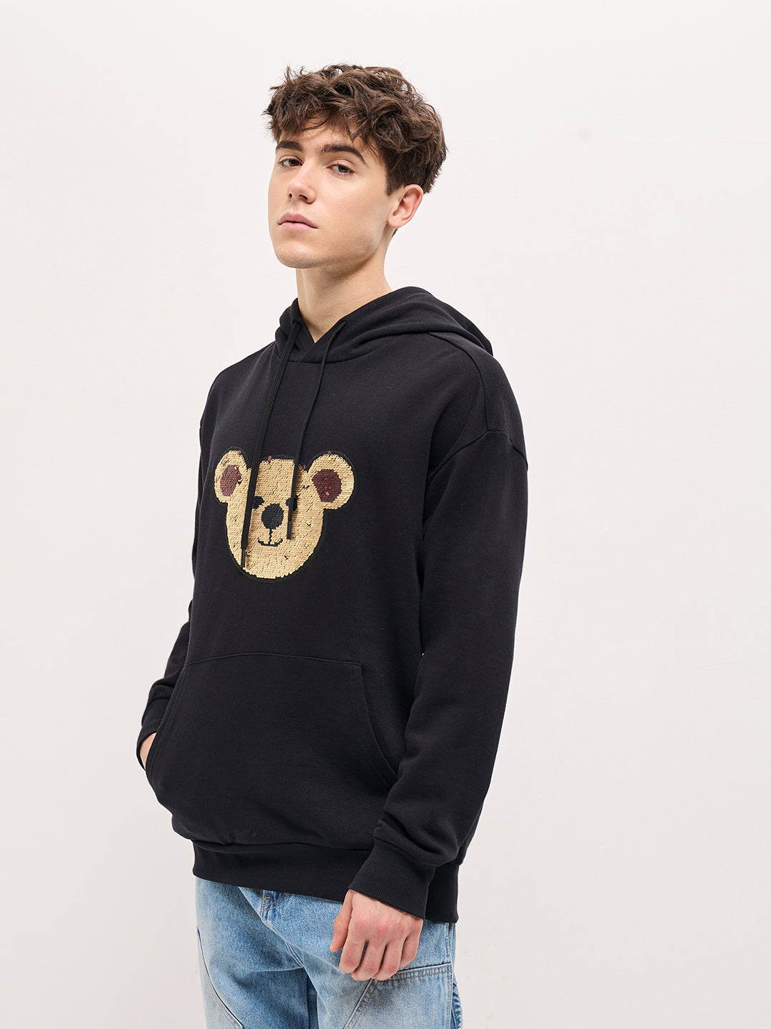 Men Black playful sequin bear face Relax Fit Hoodie