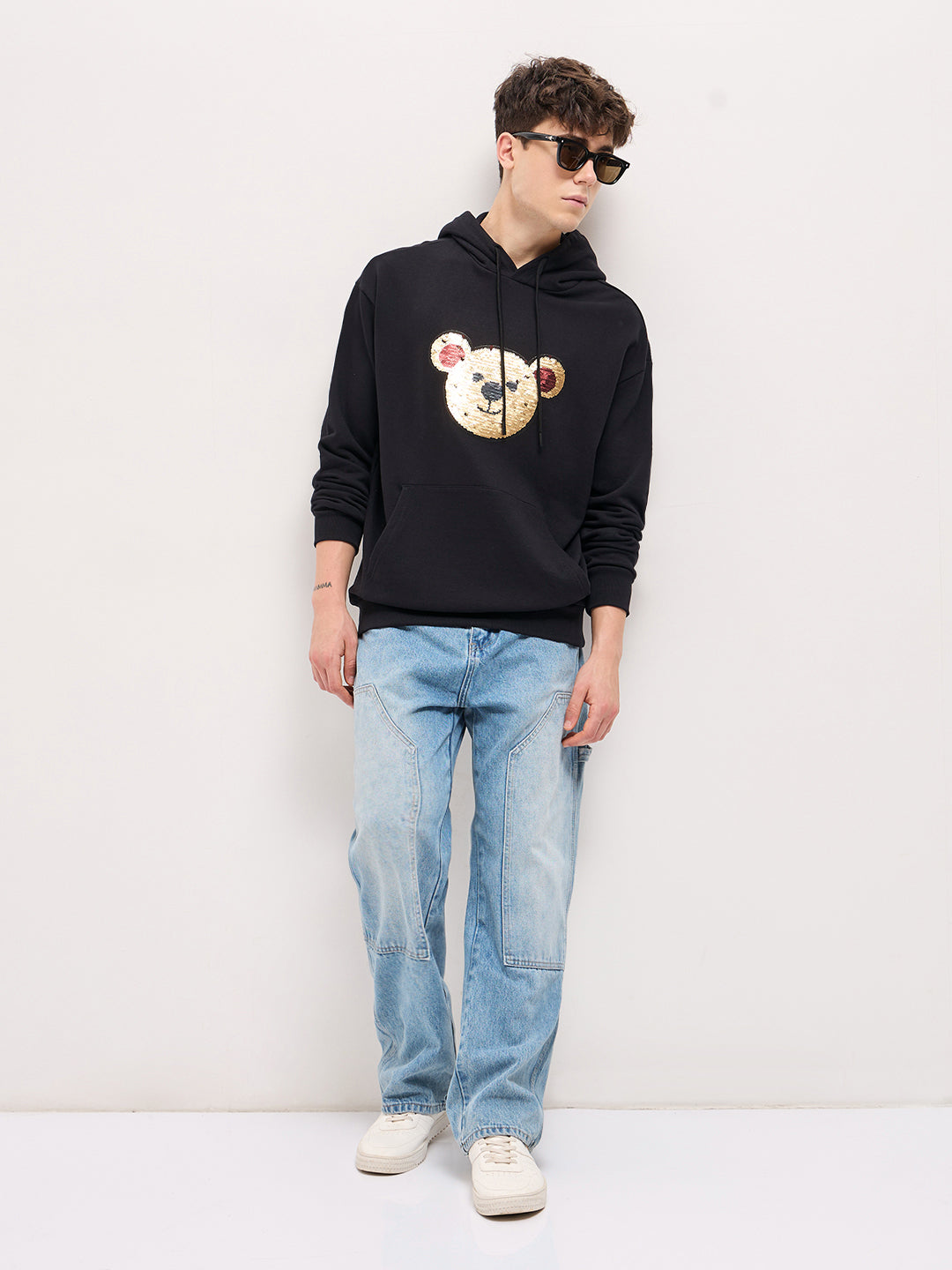 Men Black playful sequin bear face Relax Fit Hoodie
