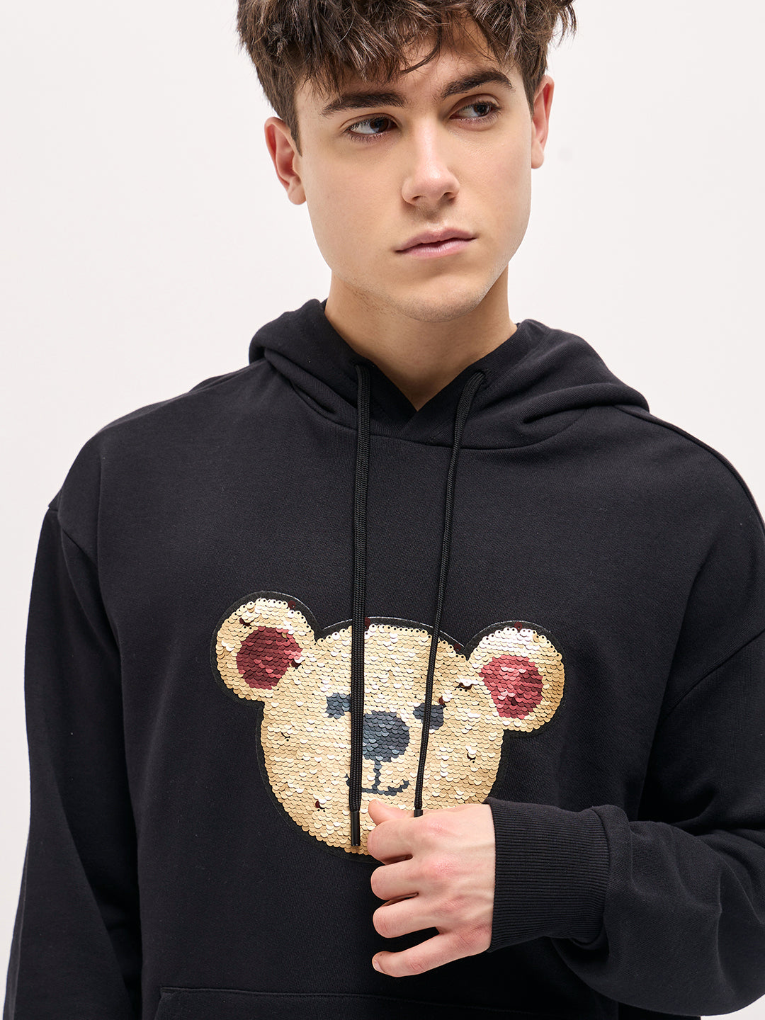 Men Black playful sequin bear face Relax Fit Hoodie