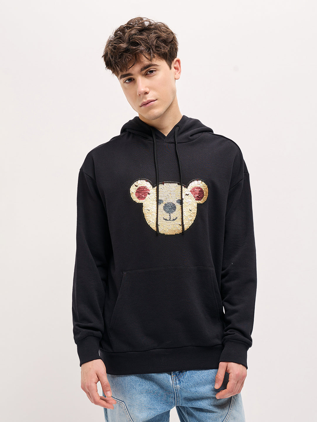 Men Black playful sequin bear face Relax Fit Hoodie