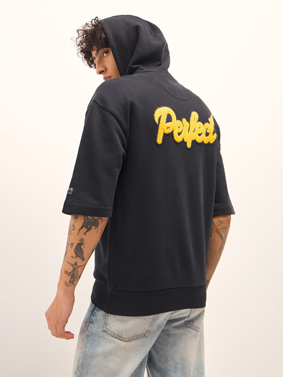 Men Black Relaxed Fit Half-Sleeve Hoodie