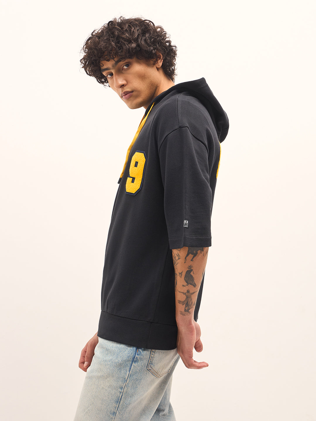 Men Black Relaxed Fit Half-Sleeve Hoodie