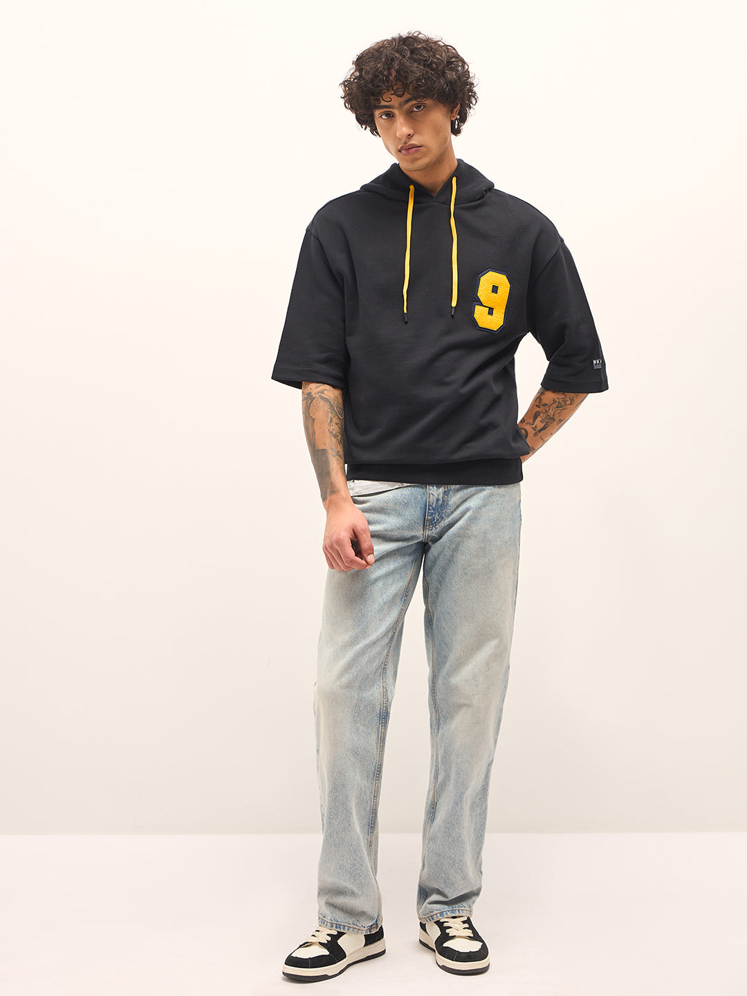 Men Black Relaxed Fit Half-Sleeve Hoodie