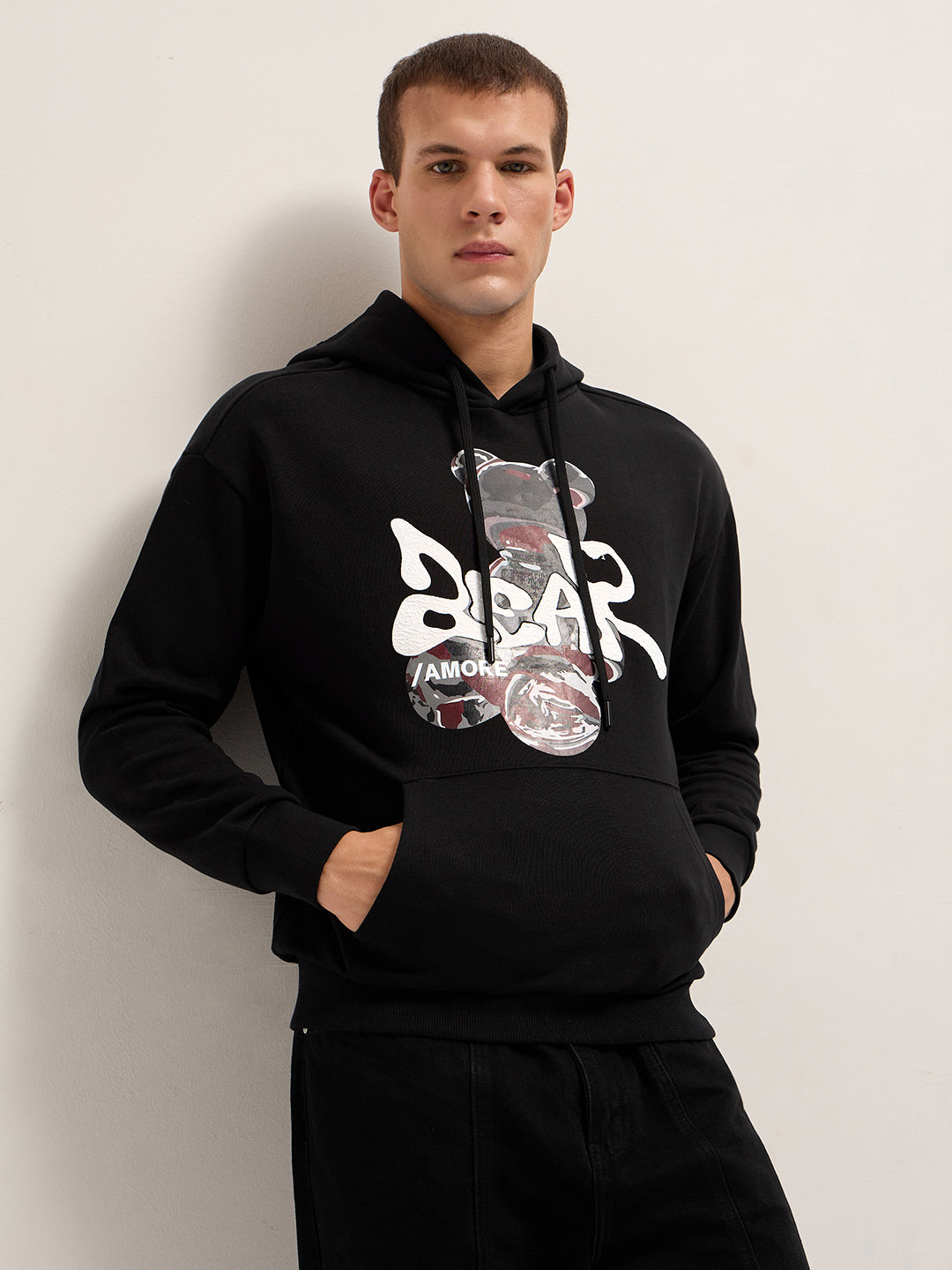 Men Black Relaxed Fit Hoodie - Image 1