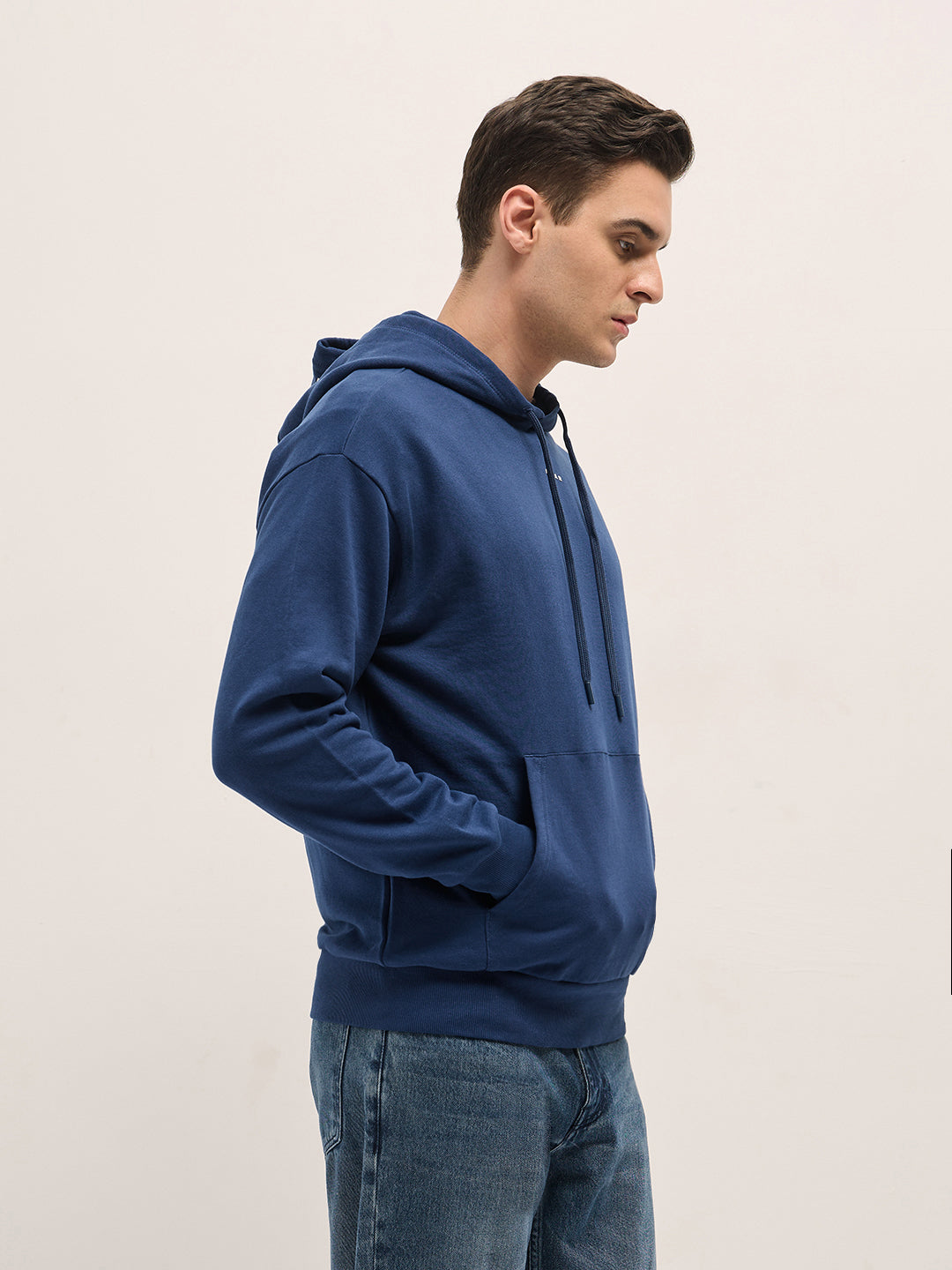 Men Navy Blue Solid Relax Fit Hoodie