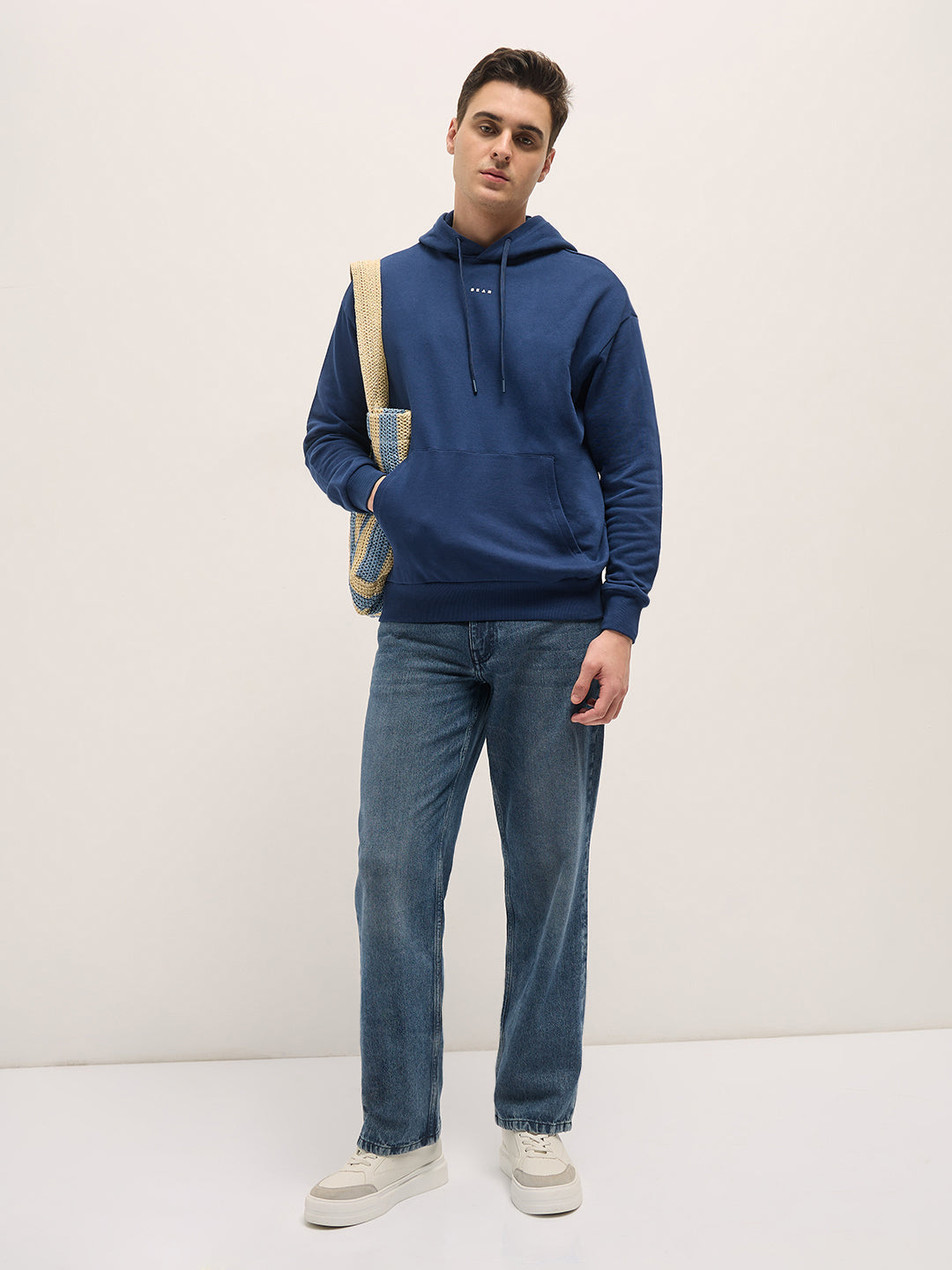 Men Navy Blue Solid Relax Fit Hoodie