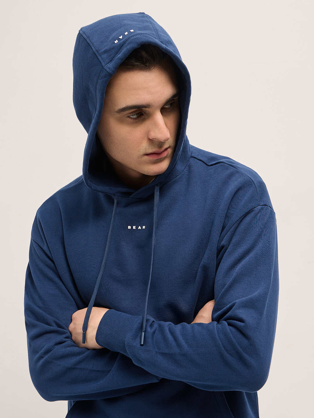 Men Navy Blue Solid Relax Fit Hoodie