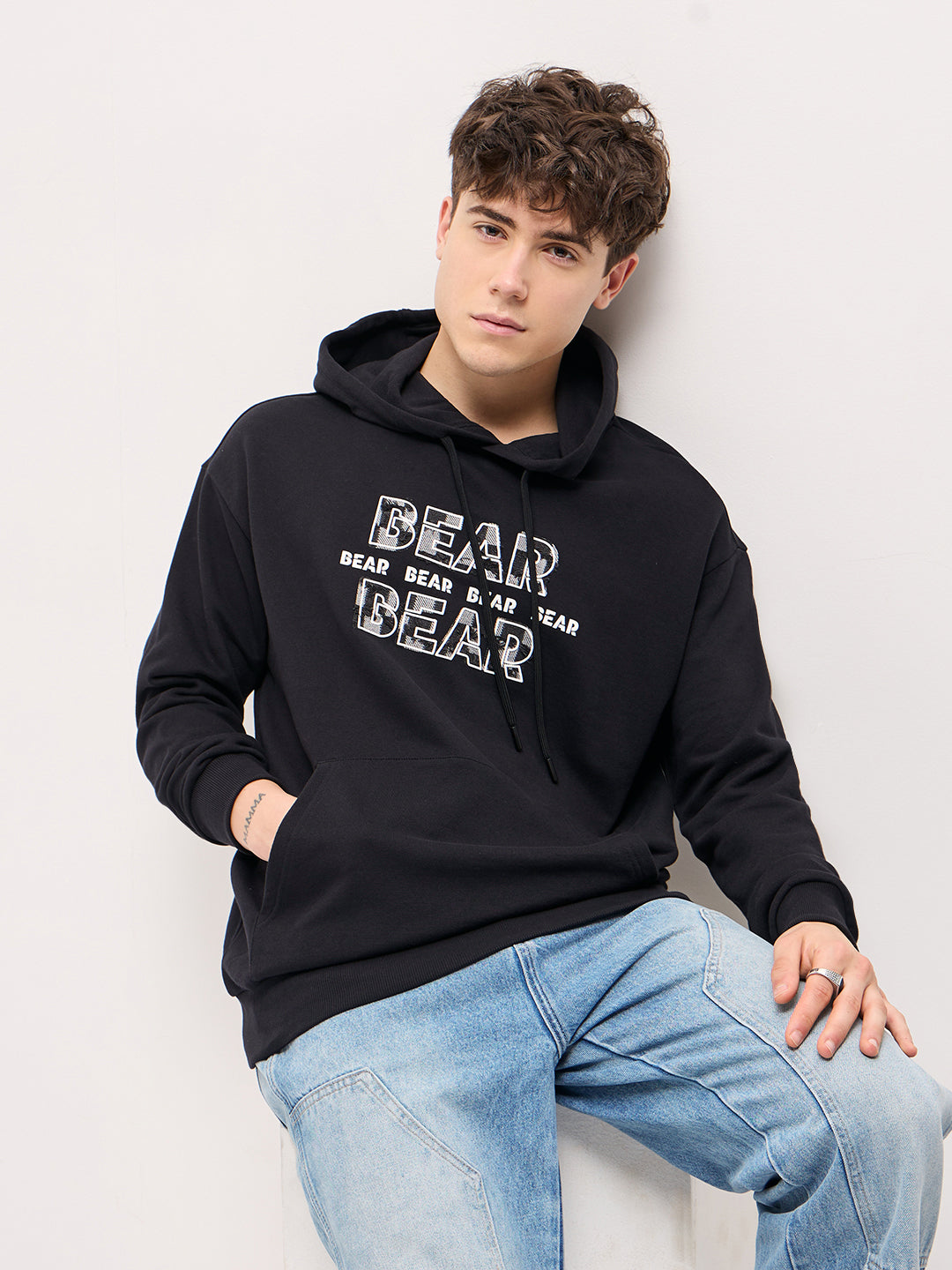 Men Black Distressed Graphic Design Relax Fit Hoodie