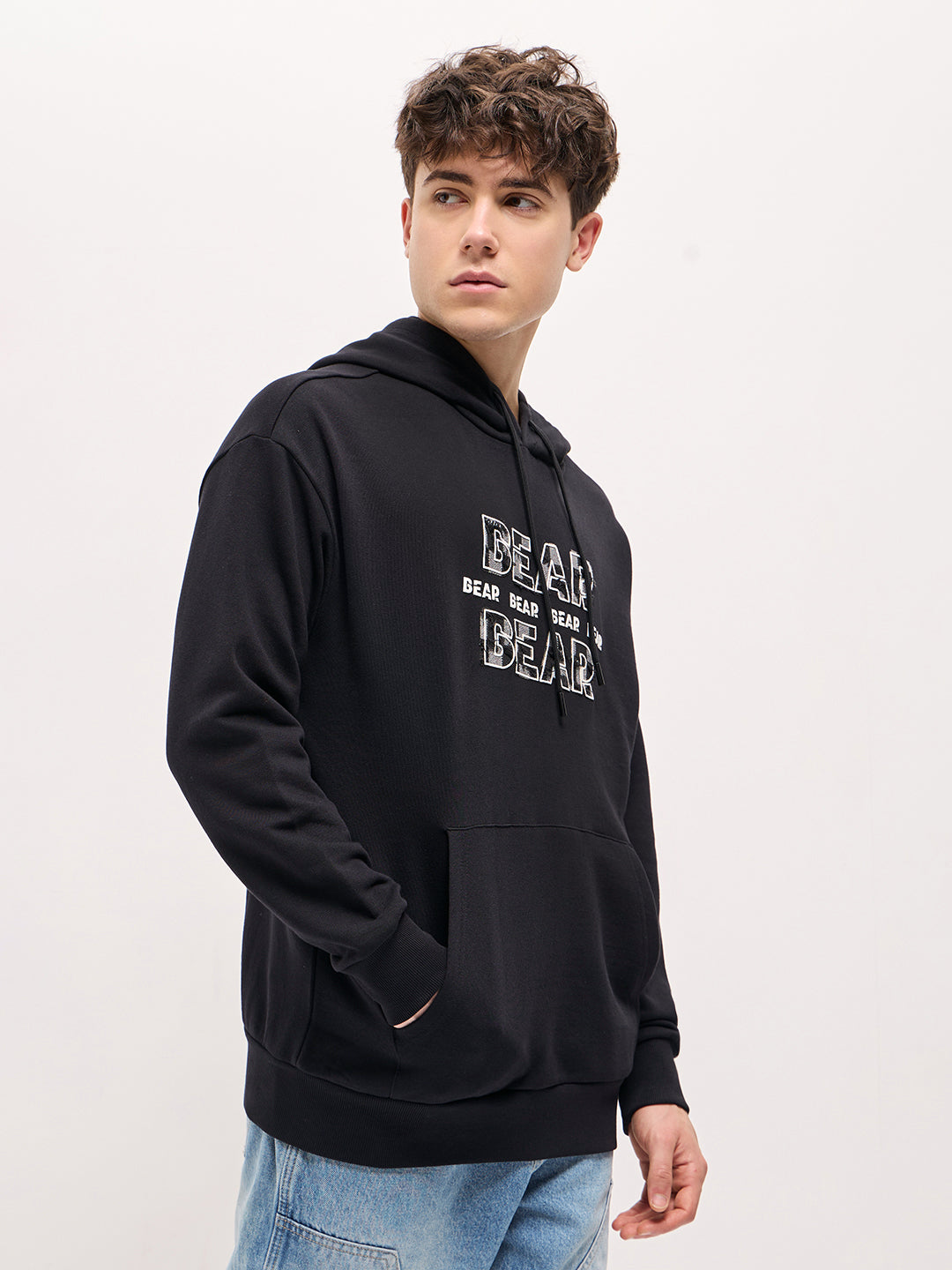 Men Black Distressed Graphic Design Relax Fit Hoodie