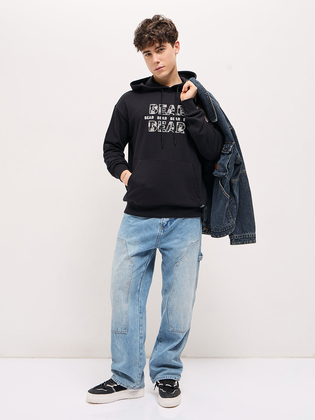 Men Black Distressed Graphic Design Relax Fit Hoodie