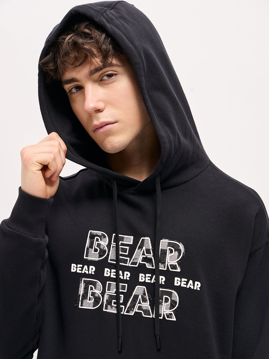 Men Black Distressed Graphic Design Relax Fit Hoodie