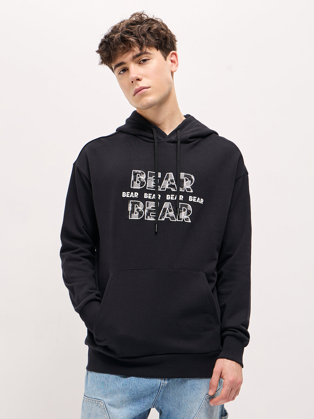 Men Black Distressed Graphic Design Relax Fit Hoodie