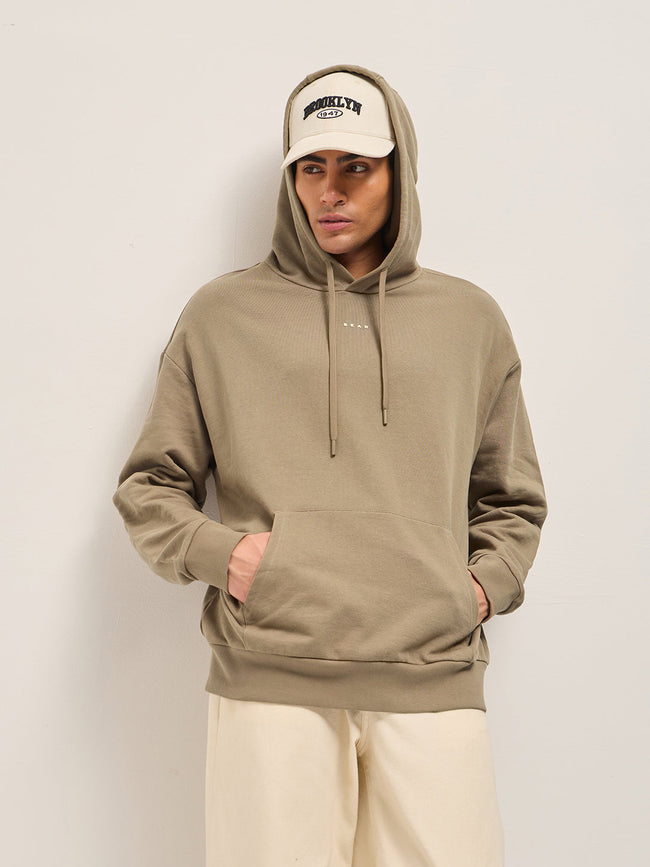 Men Beige Solid Relax Fit Hoodie