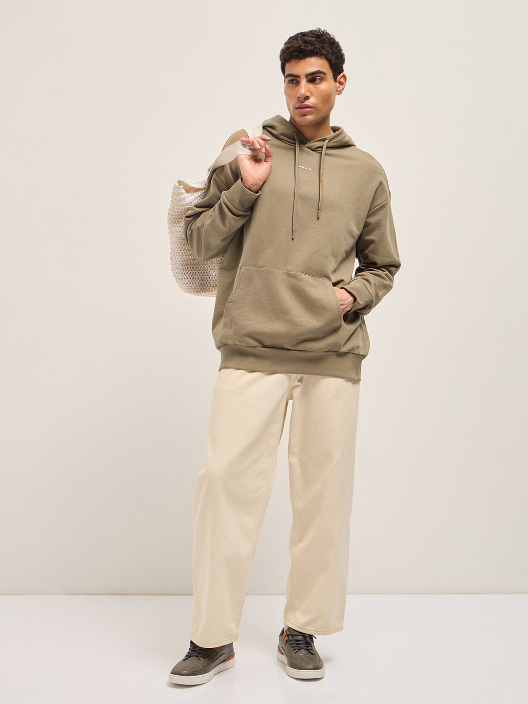 Men Beige Solid Relax Fit Hoodie