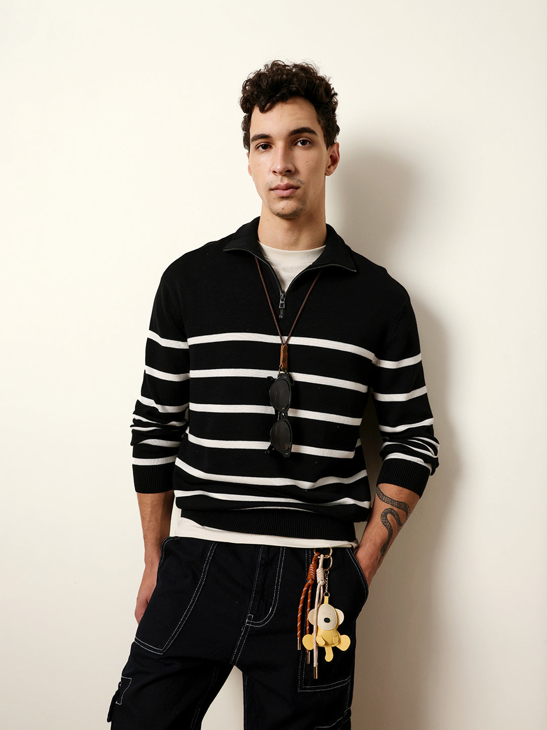 Men Pure Cotton Striped Half Zip Sweatshirt