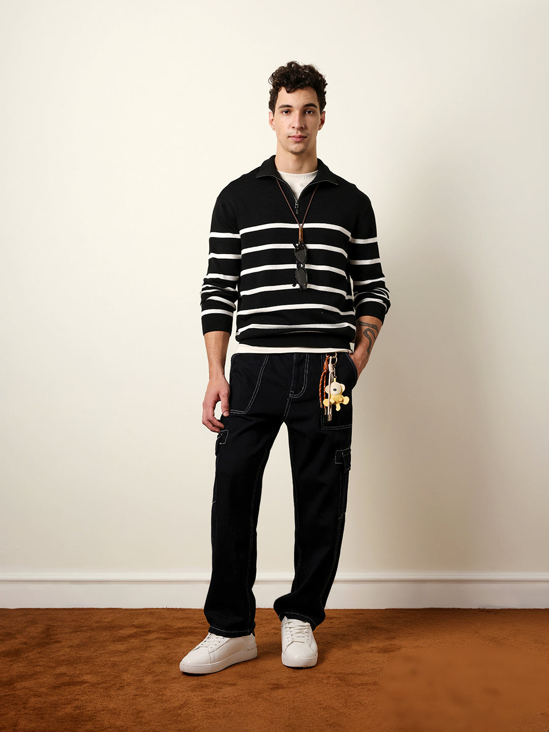 Men Pure Cotton Striped Half Zip Sweatshirt