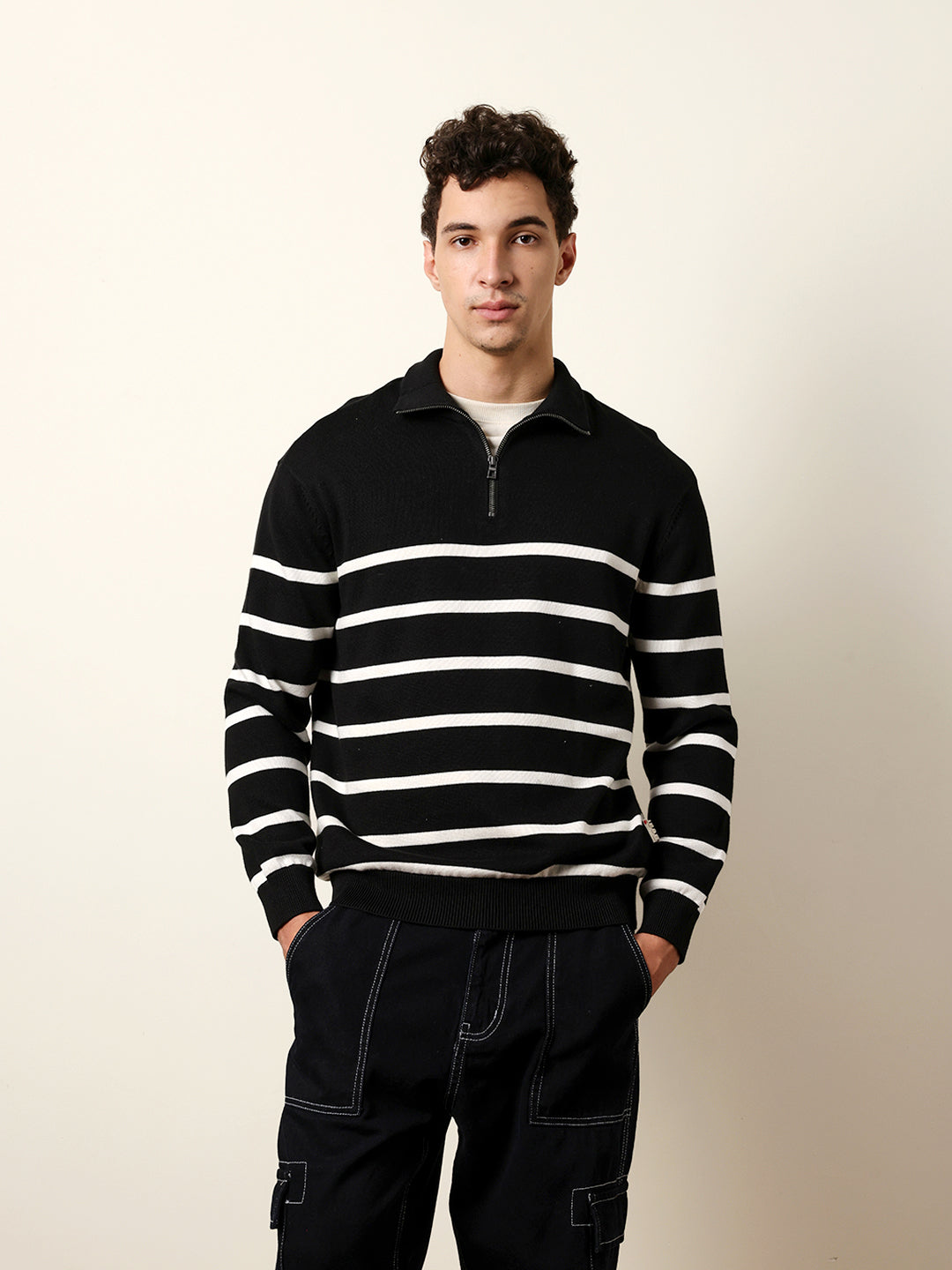 Men Pure Cotton Striped Half Zip Sweatshirt