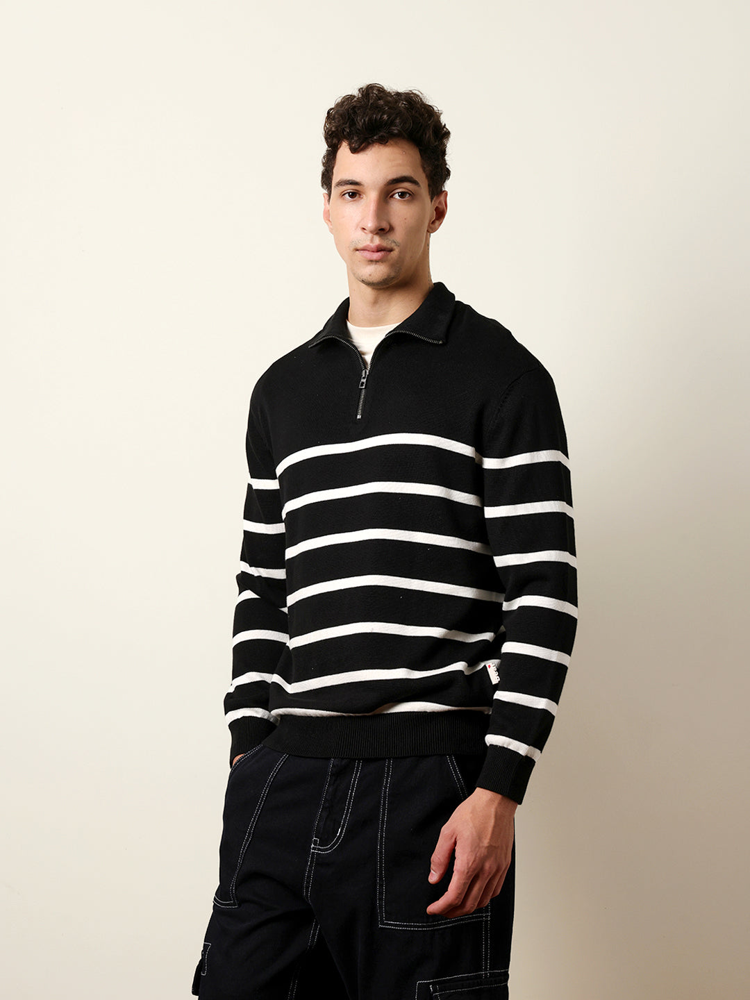 Men Pure Cotton Striped Half Zip Sweatshirt