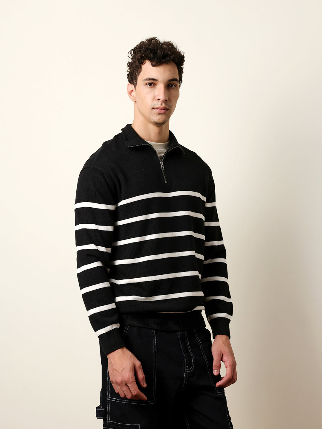 Men Pure Cotton Striped Half Zip Sweatshirt