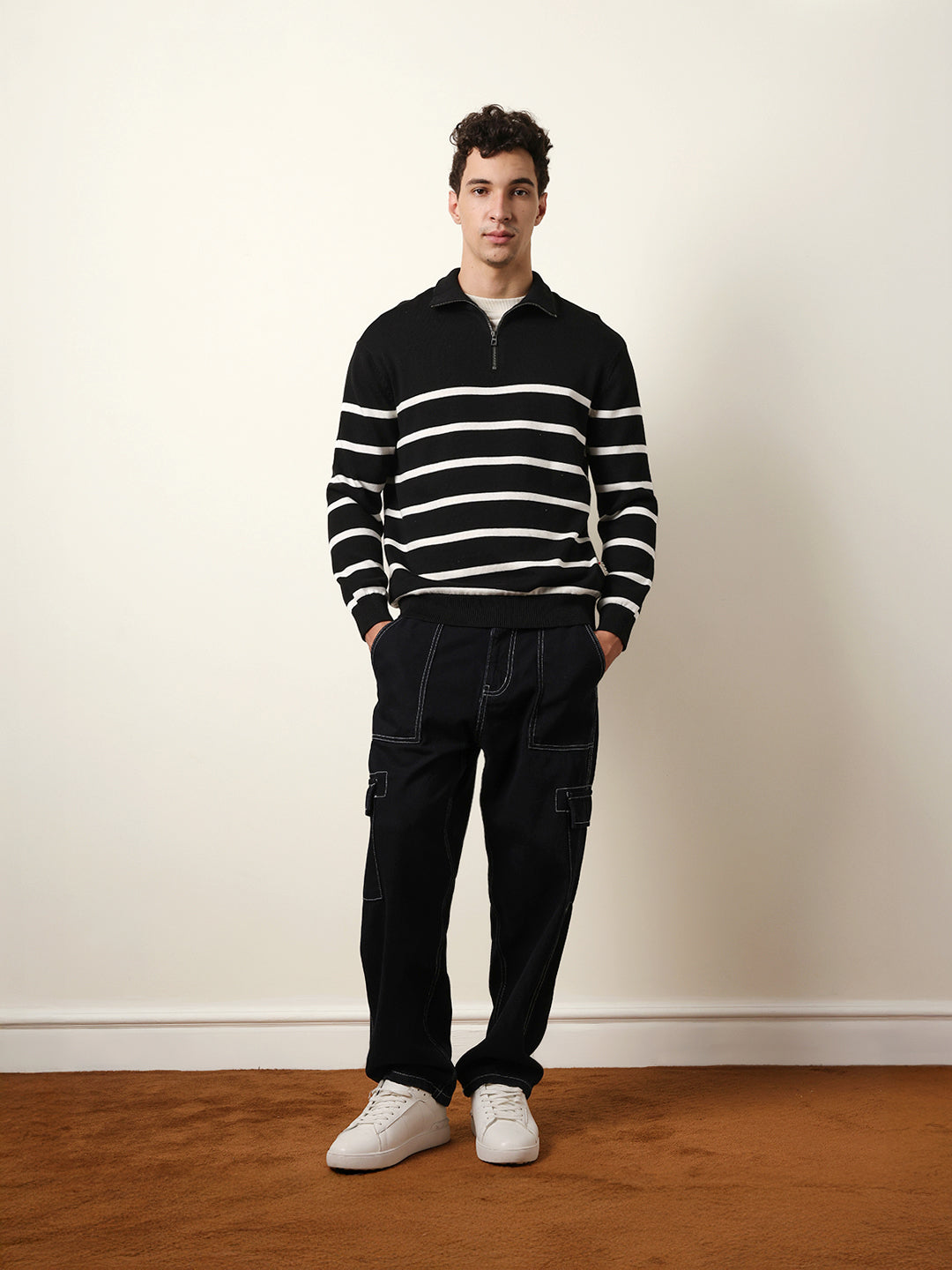 Men Pure Cotton Striped Half Zip Sweatshirt