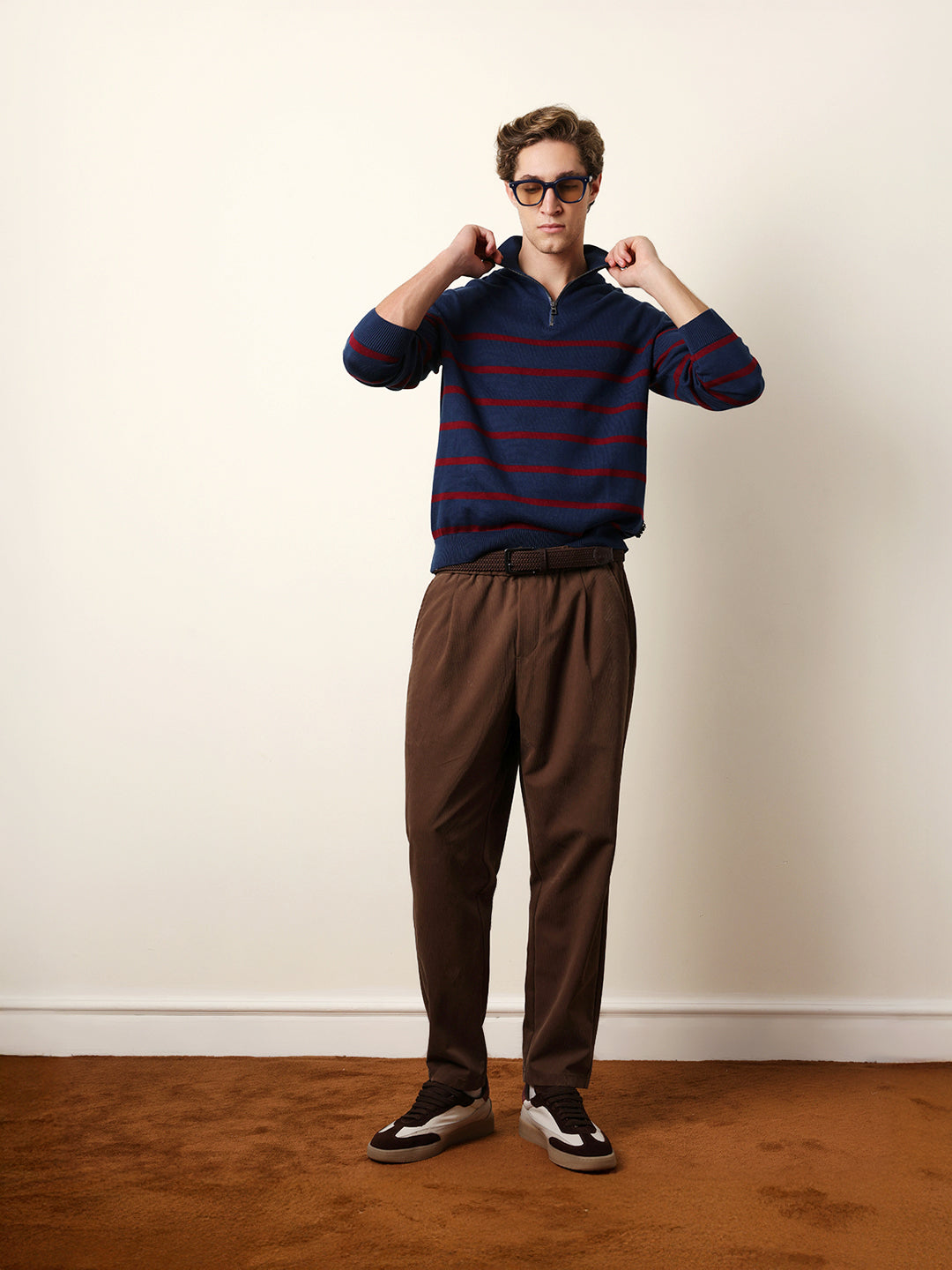 Men Pure Cotton Striped Half Zip Sweatshirt