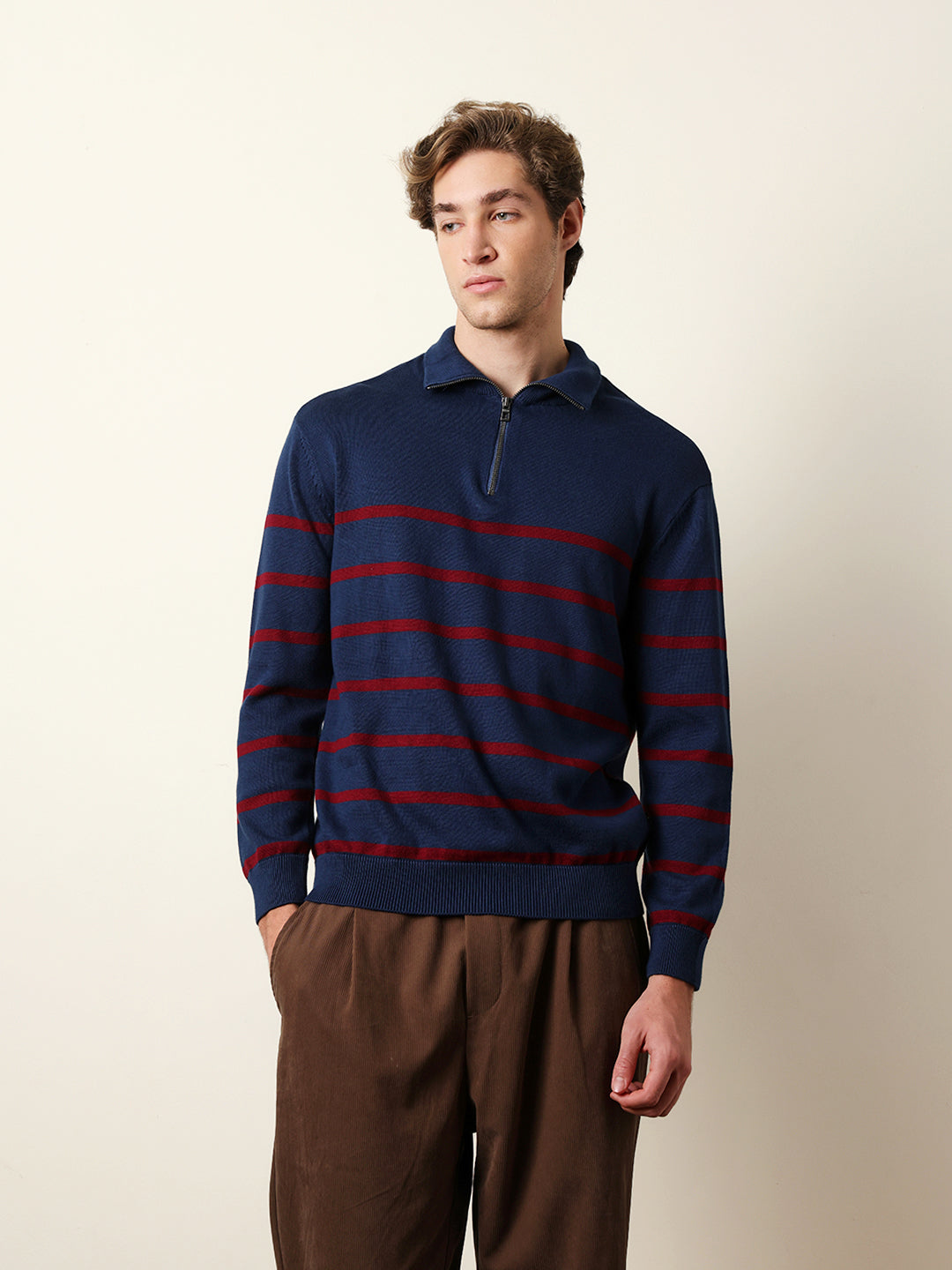 Men Pure Cotton Striped Half Zip Sweatshirt