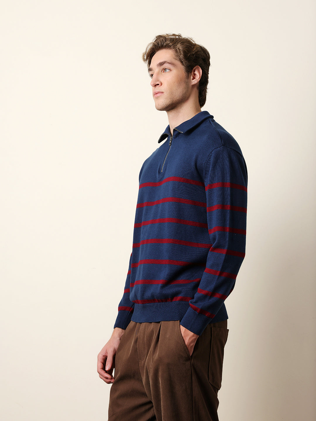 Men Pure Cotton Striped Half Zip Sweatshirt