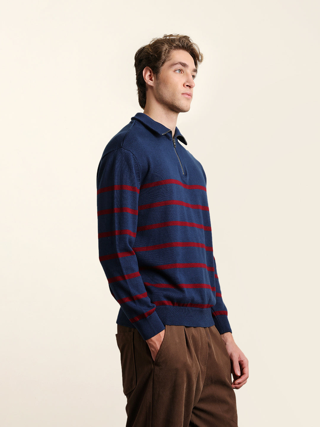 Men Pure Cotton Striped Half Zip Sweatshirt