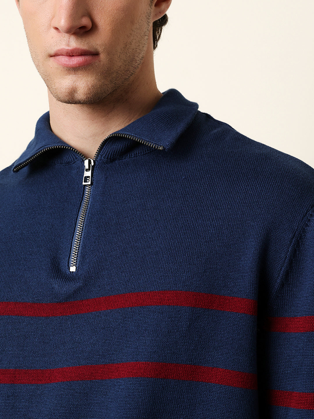 Men Pure Cotton Striped Half Zip Sweatshirt