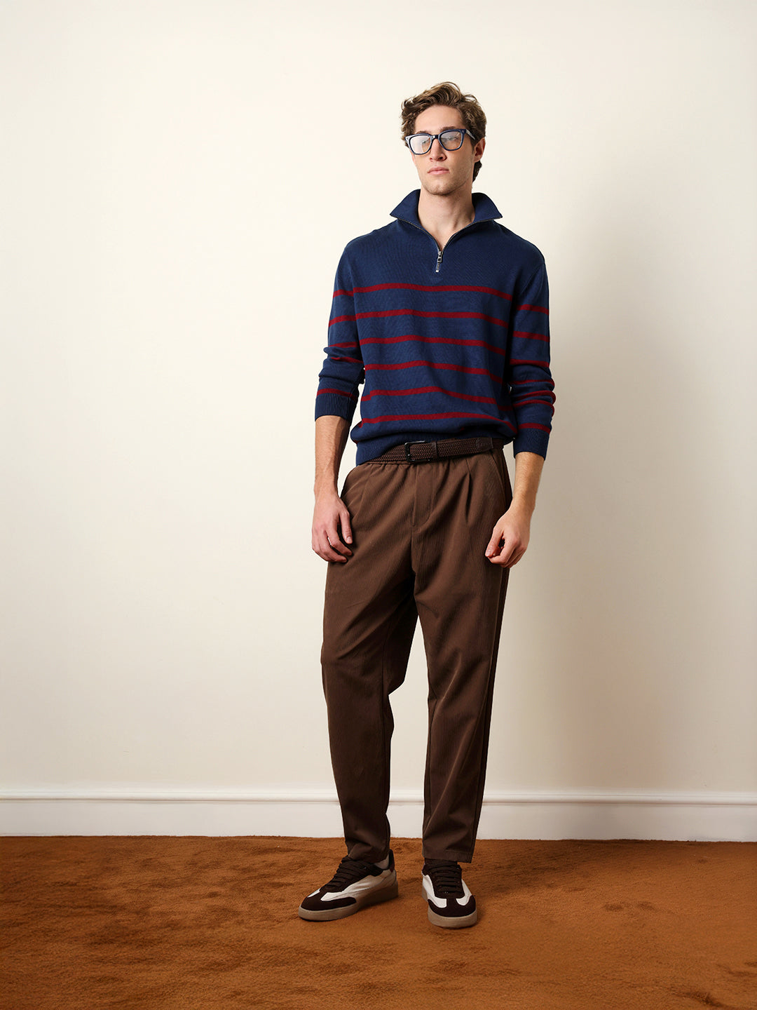 Men Pure Cotton Striped Half Zip Sweatshirt