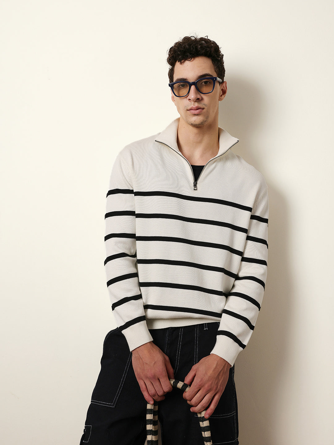 Men Pure Cotton Striped Half Zip Sweatshirt