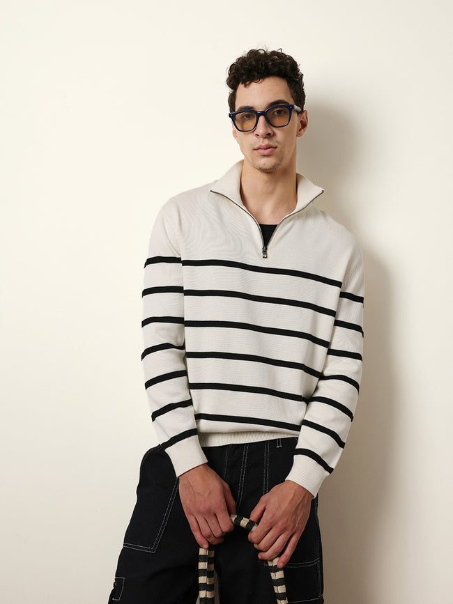 Men Pure Cotton Striped Half Zip Sweatshirt