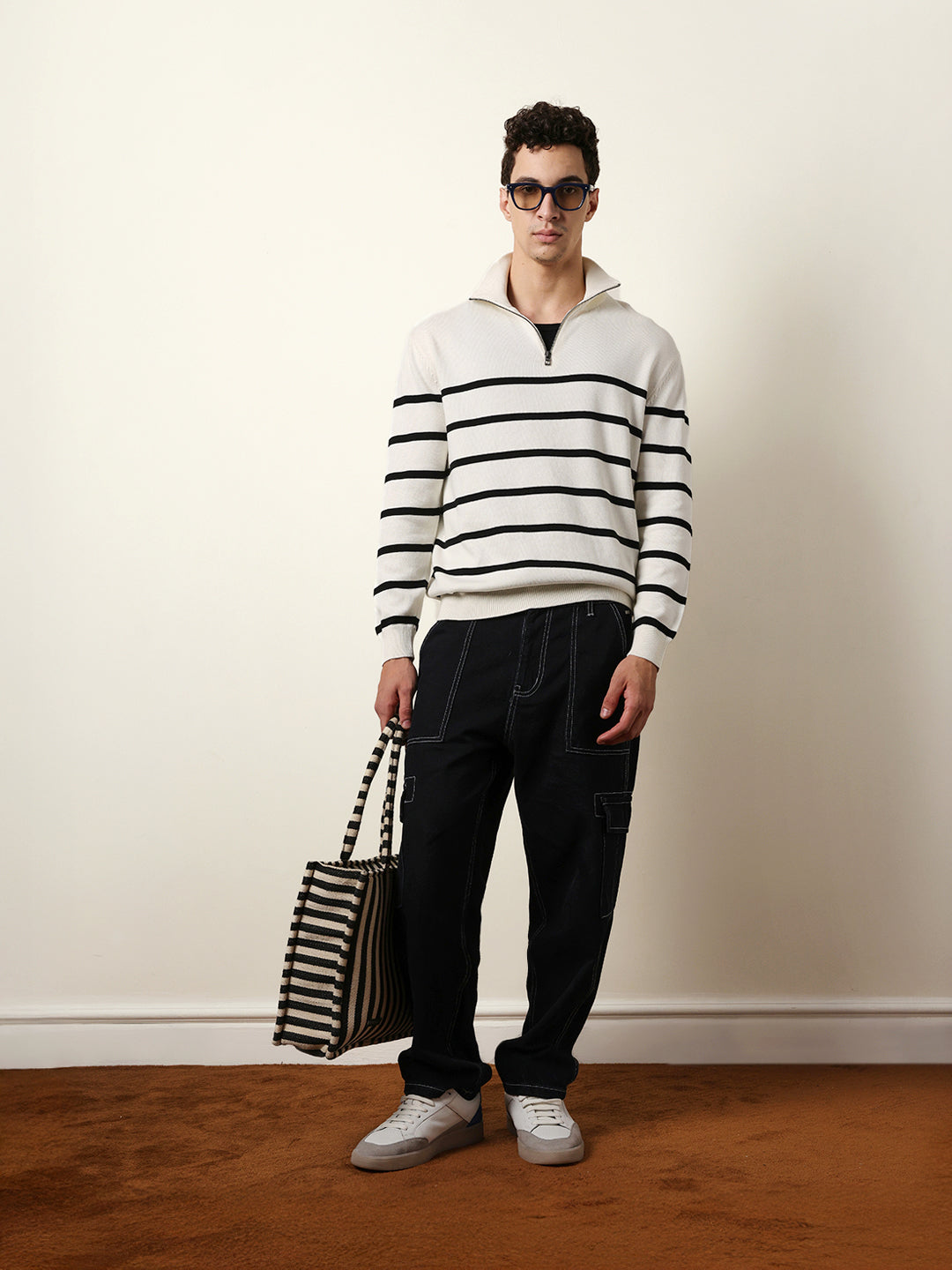 Men Pure Cotton Striped Half Zip Sweatshirt