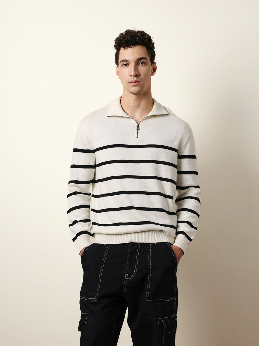 Men Pure Cotton Striped Half Zip Sweatshirt