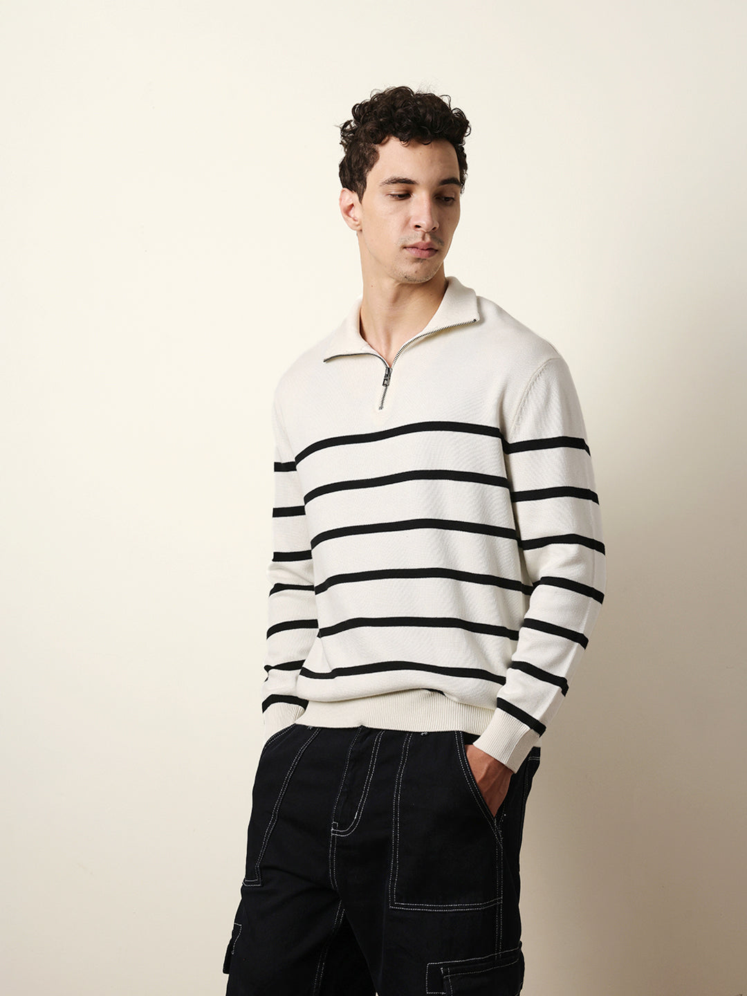 Men Pure Cotton Striped Half Zip Sweatshirt