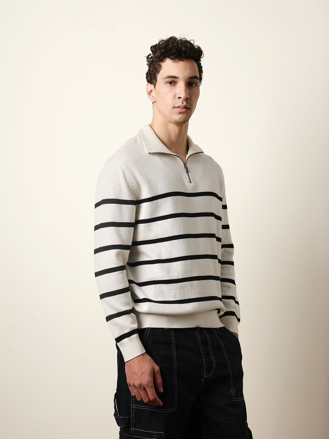 Men Pure Cotton Striped Half Zip Sweatshirt