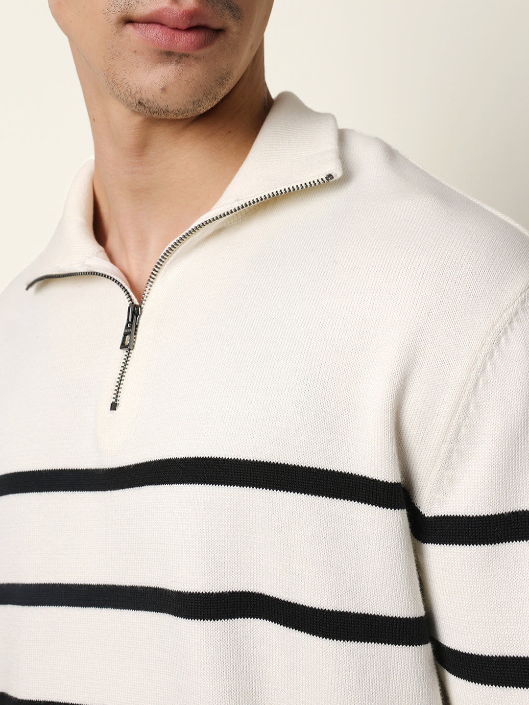 Men Pure Cotton Striped Half Zip Sweatshirt