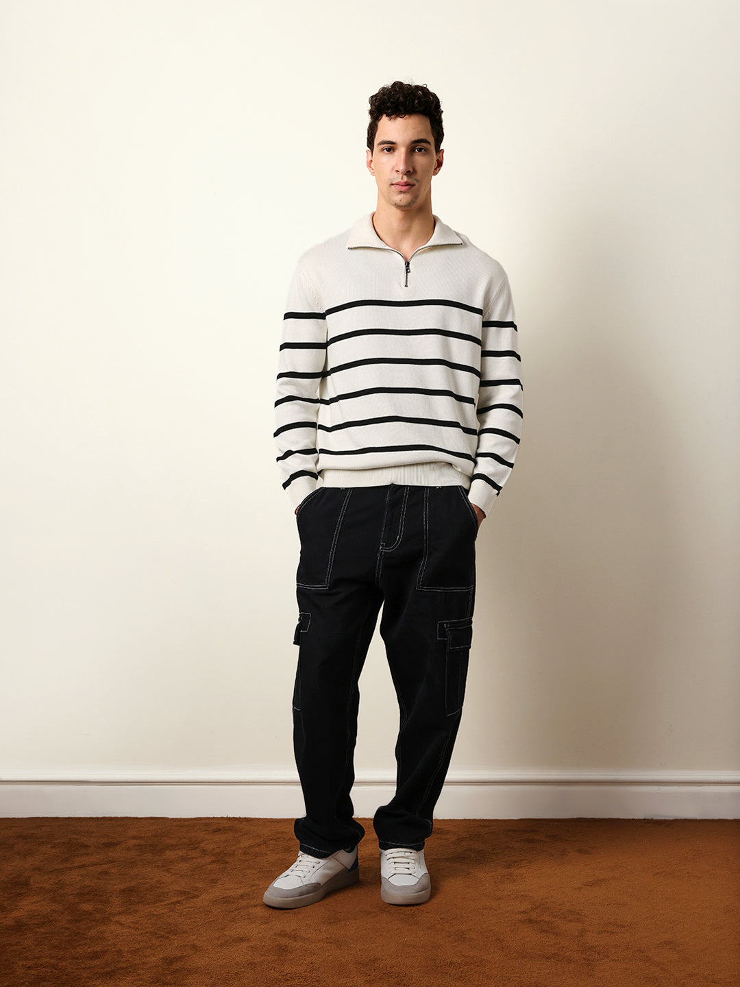 Men Pure Cotton Striped Half Zip Sweatshirt