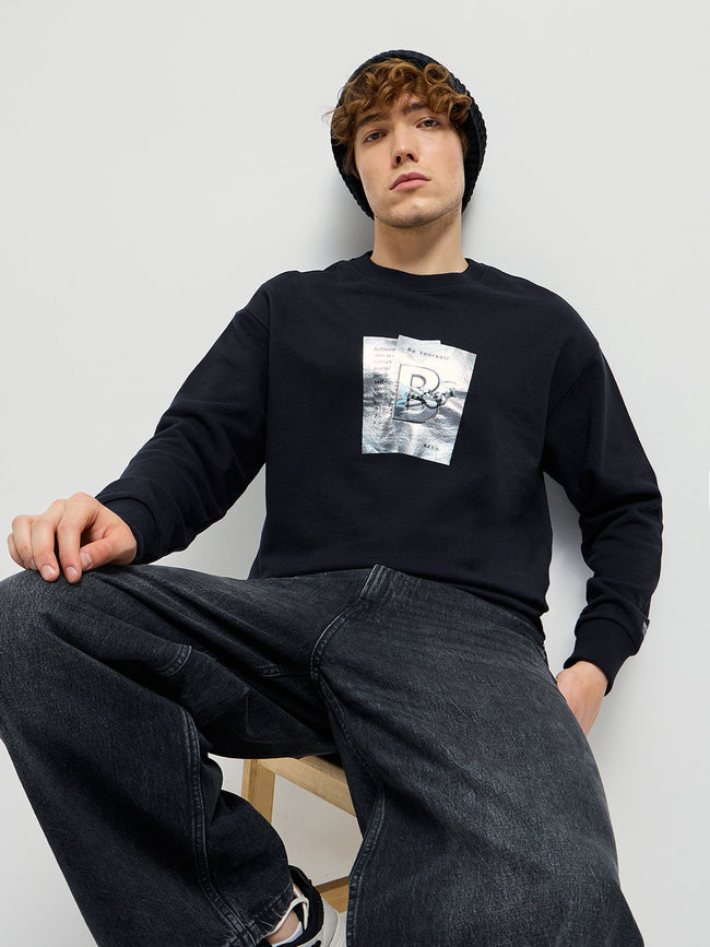 Men Black Graphic Printed Relax Fit Crew Neck Sweatshirt