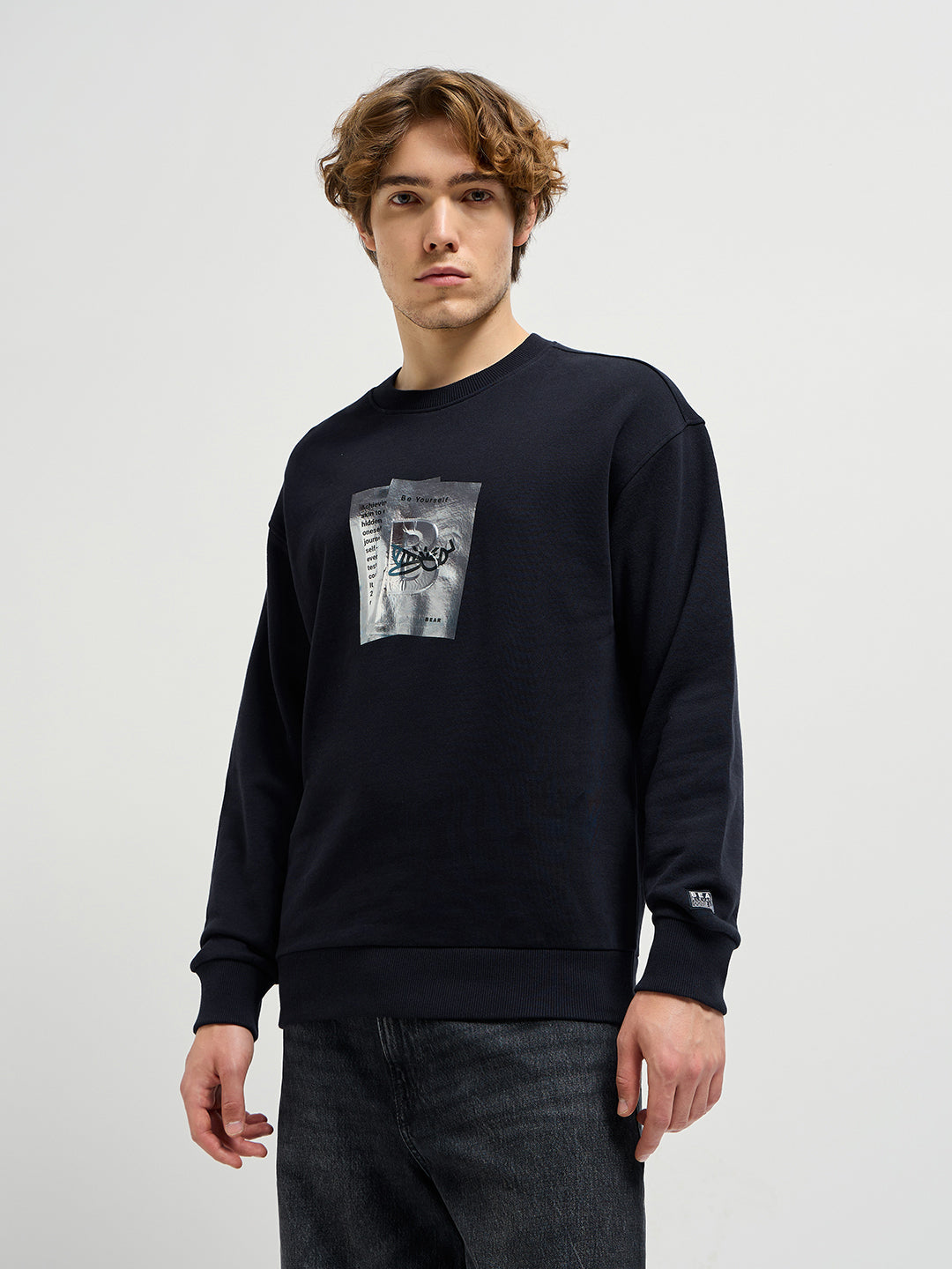 Men Black Graphic Printed Relax Fit Crew Neck Sweatshirt