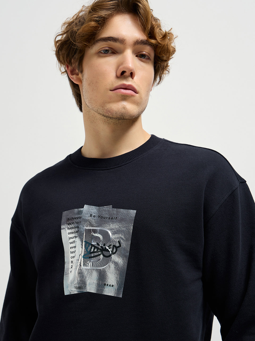 Men Black Graphic Printed Relax Fit Crew Neck Sweatshirt