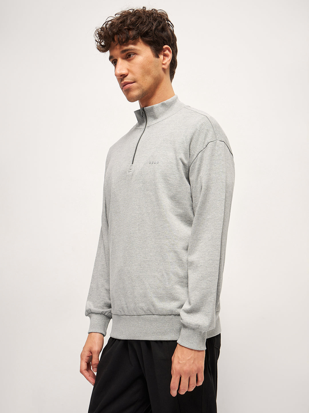 Men Grey Solid Relax Fit High Neck Sweatshirt
