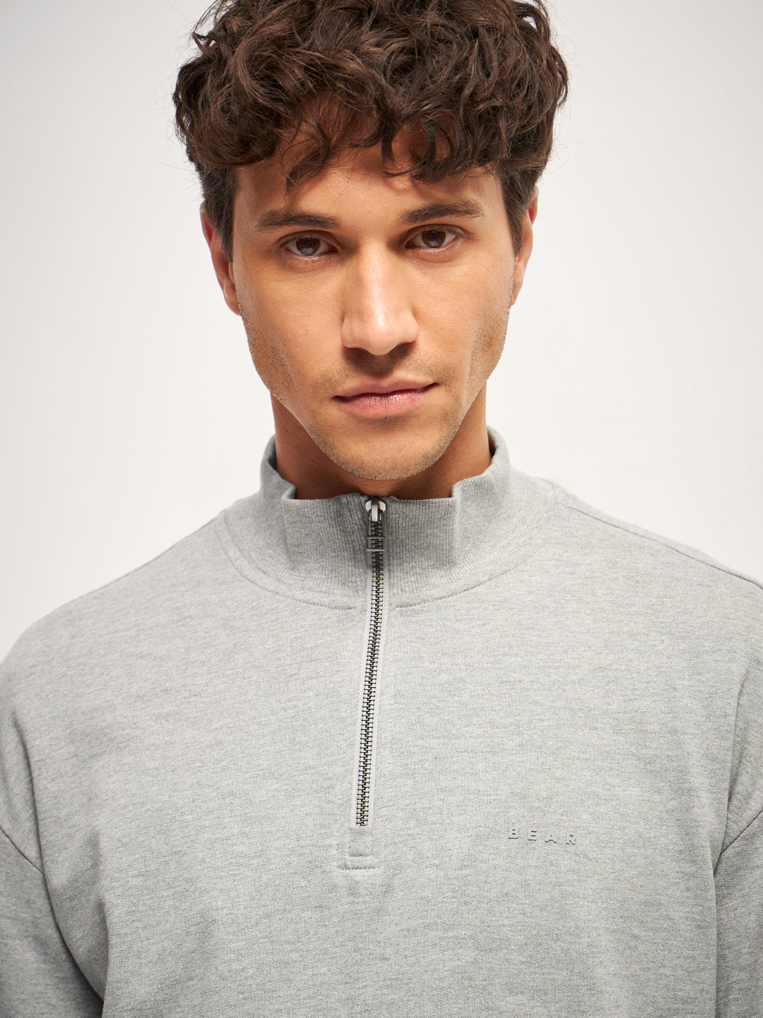 Men Grey Solid Relax Fit High Neck Sweatshirt