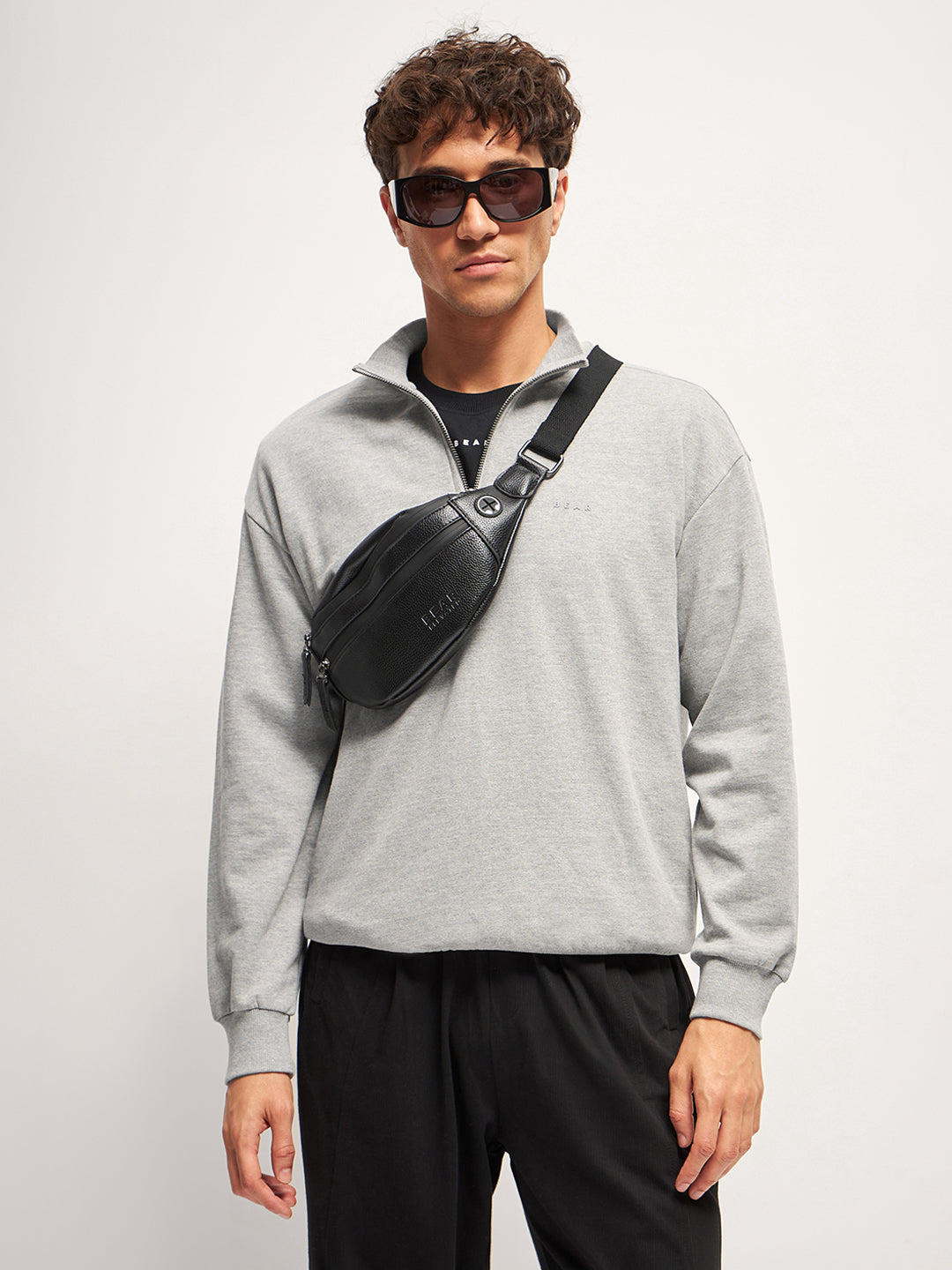 Men Grey Solid Relax Fit High Neck Sweatshirt