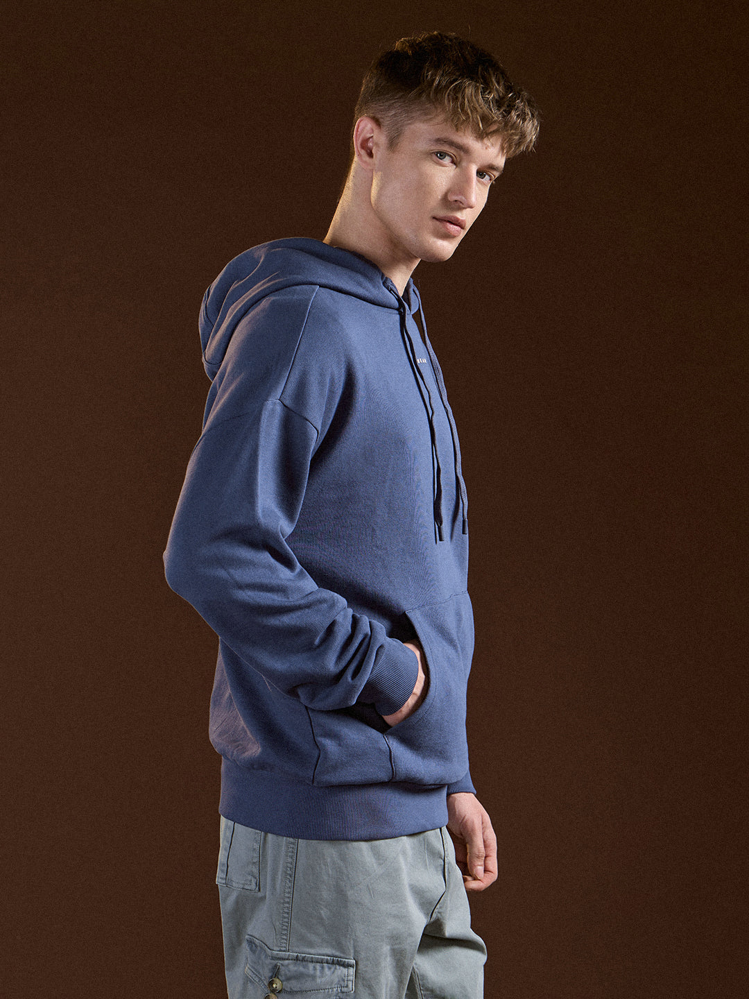 Men Blue Solid Relax Fit Hoodie