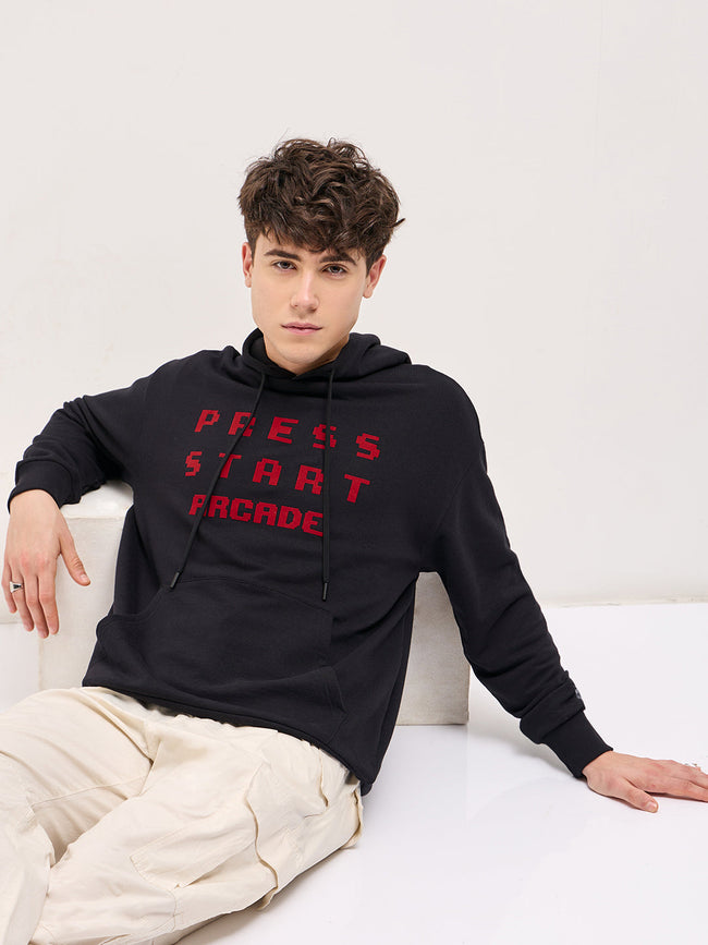 Men Black Pixelated Graphic Design Relax Fit Hoodie