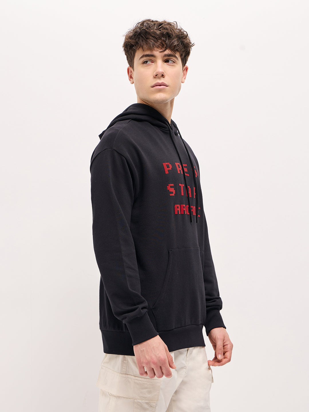 Men Black Pixelated Graphic Design Relax Fit Hoodie